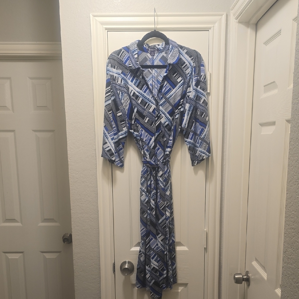 Roaman's Blue and White Wrap Dress with Notched Collar